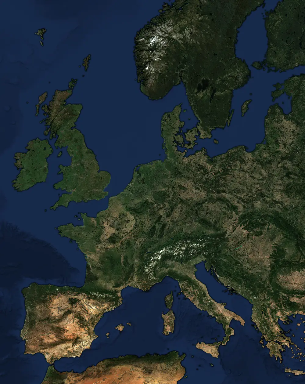 Cloud-free Sentinel-2 satellite mosaic of Europe: Ireland and Britain at the western edge, Scandinavia and the Baltic to the north, forest and farmland green across the northern plain, snow on the Alps and the Pyrenees, dry ground around the Mediterranean, and the Atlantic, North Sea, Baltic and Mediterranean in deep blue.